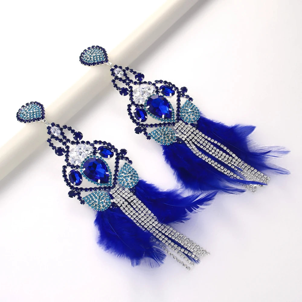 Sparkly Royal Blue Feather Rhinestone Tassel Dangle Earrings Stage Jewelry
