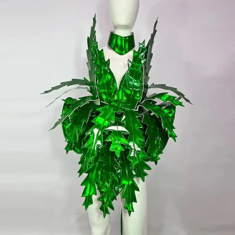 Emerald Laser Leaf Sculptural Bodysuit & Collar 2-Piece Drag Queen Carnival Stage Costume