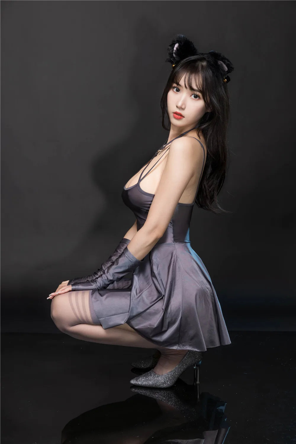 Sexy Backless Satin Smooth Oil Glossy Pleated Micro MINI Dress Bandage Sleeveless Tight Uniform Maid Ruffled Dress Stage Wear