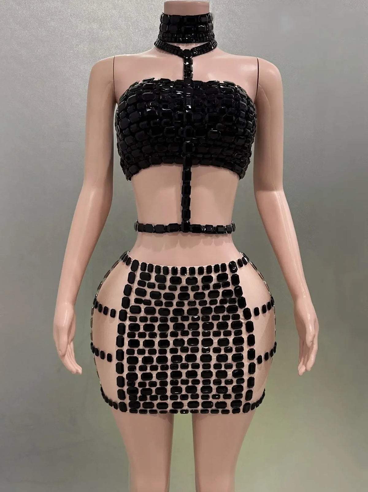Vintage-Inspired Sparkly Rhinestones Two-Piece Backless Top And Mini Skirt Set
