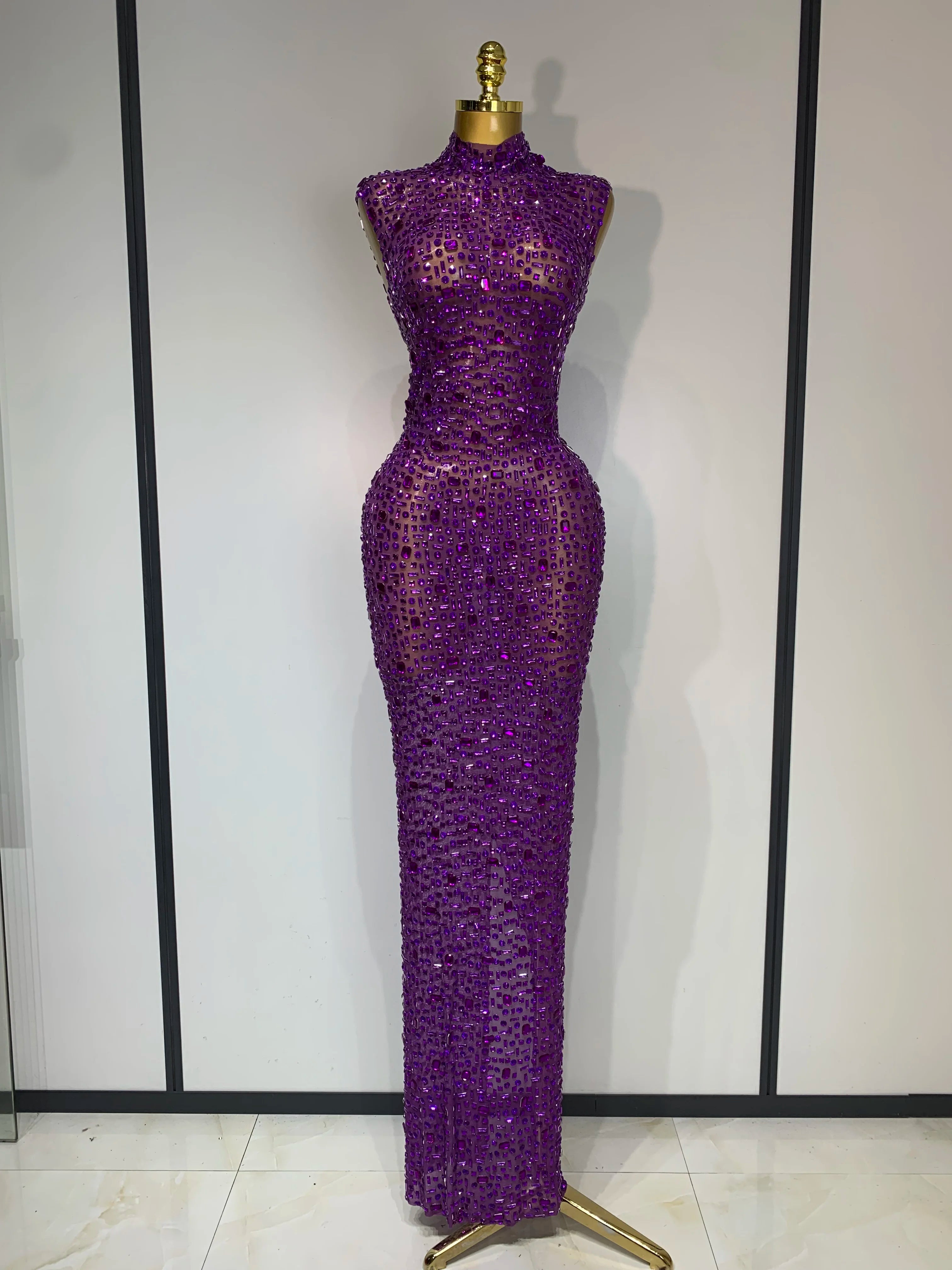 Sparkly Rhinestone Sleeveless Maxi Long Dress See-Through Sheer Mesh Stage Outfit