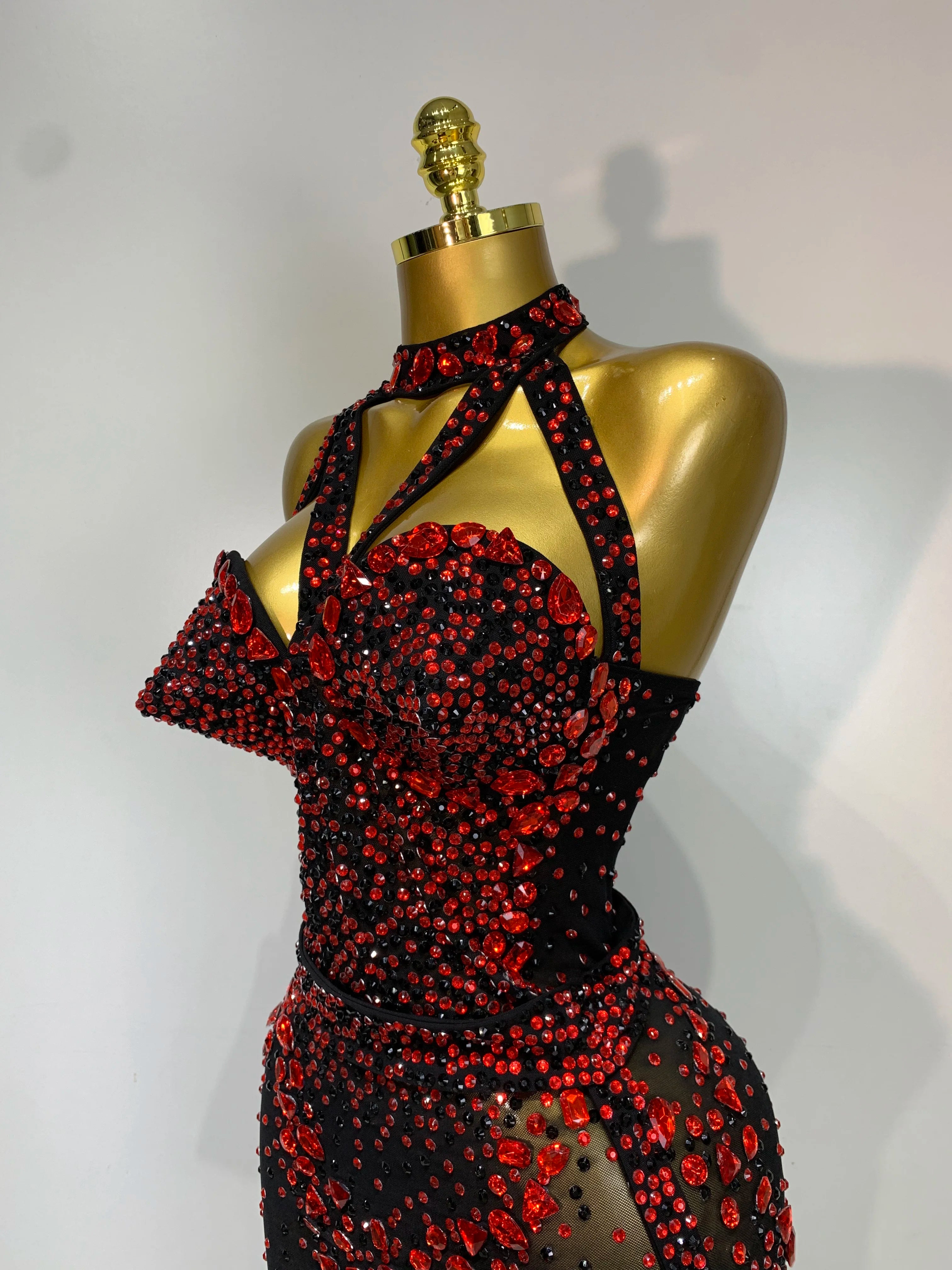 Crimson Diamond Rhinestone Catsuit Sheer Mesh Backless Jumpsuit Stage Costume