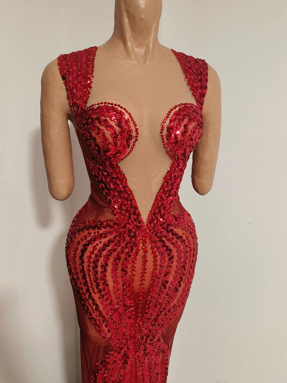 Sparkly Red Rhinestone & Sequin Sleeveless Sheer Mini/Long Dress Stage Costume