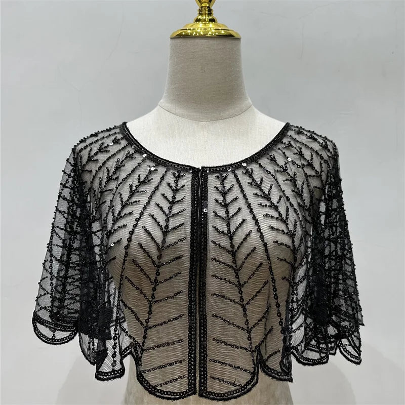 Sparkly Sequin & Beaded Leaf Mesh Capelet Evening Shawl Bolero Jacket