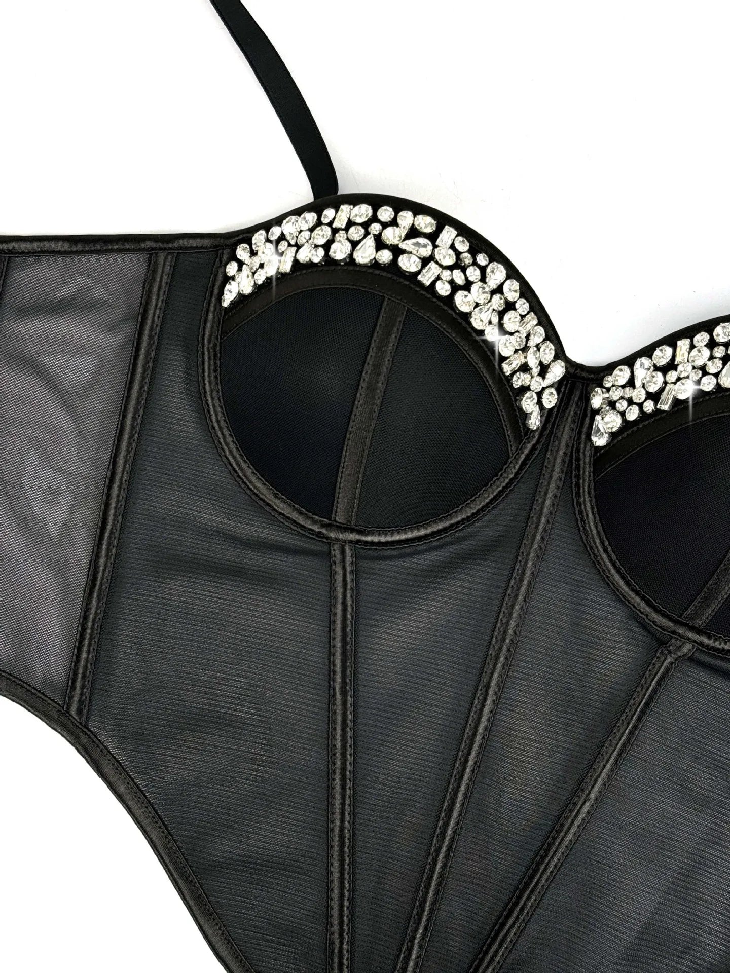 Diamond Embroidered Bustier Corset Crop Top Asymmetric Stage Bralette