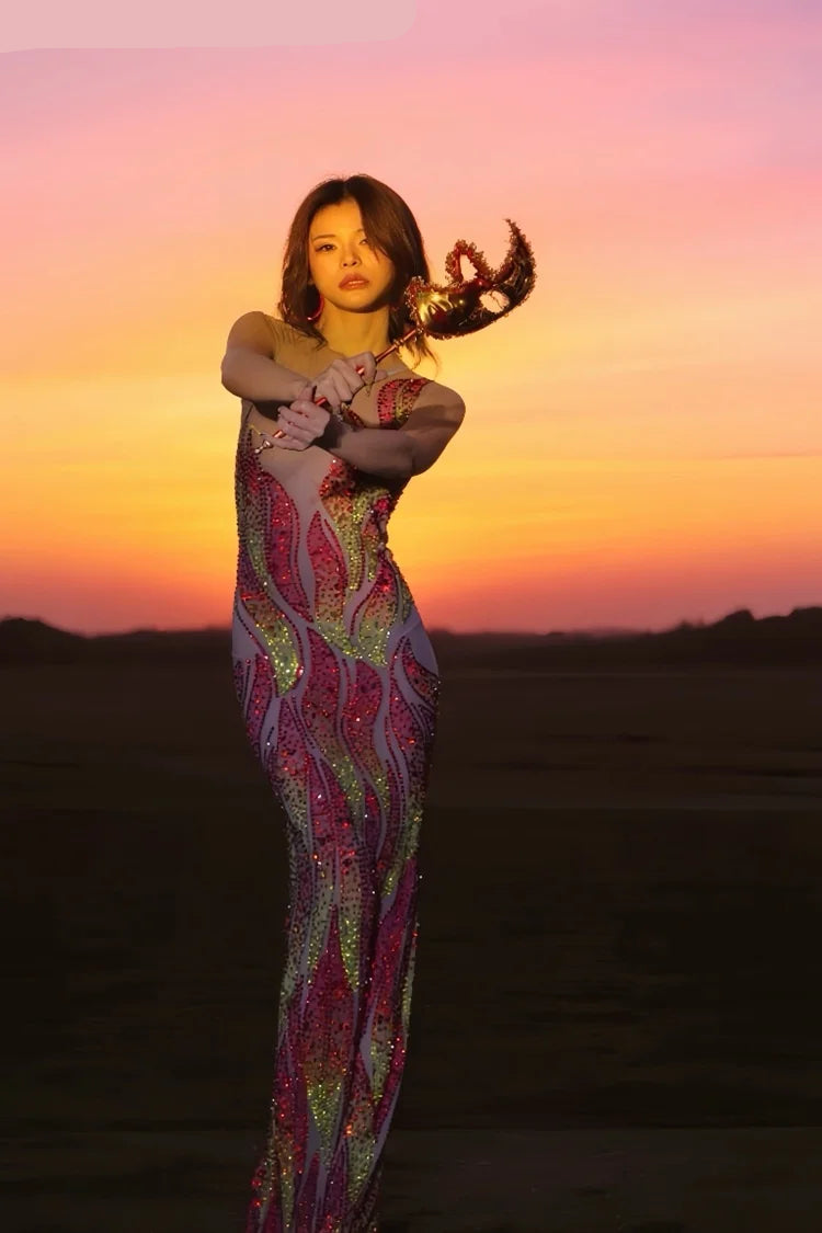 Flaming Fire Print Rhinestone Maxi Dress Sleeveless High-Slit Stage Performance Gown