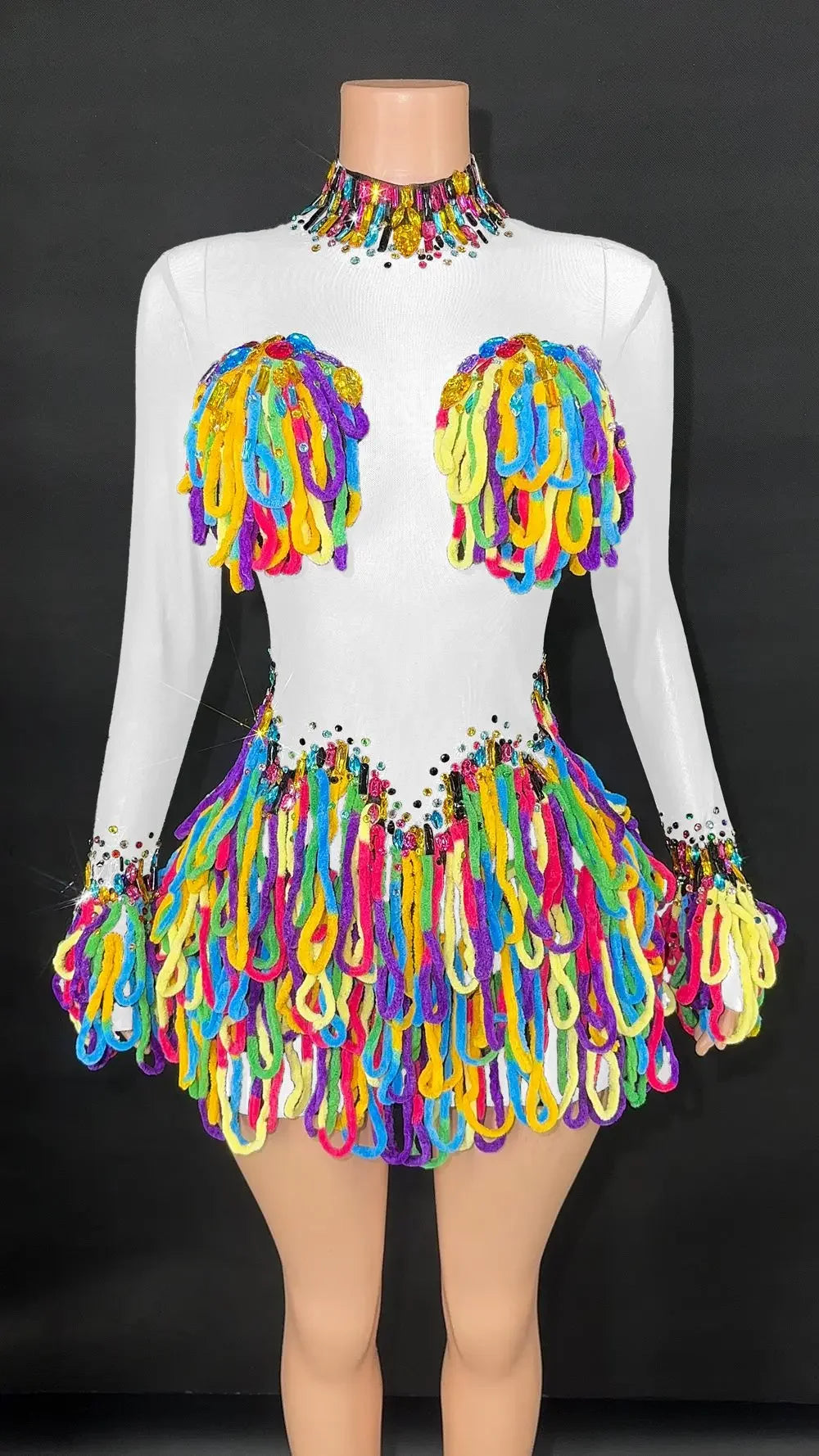 Rainbow Crystal Rhinestone Bodysuit Cascading Fringe Tassel Long-Sleeve Stage Costume