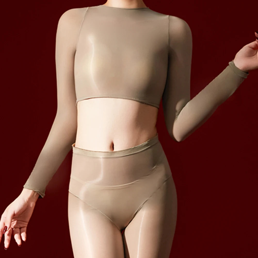 Sexy Women 5D 912 Pin Oil Glossy Shiny Short Top Elastic T-shirt Sheer See Through Maid Tights Crop Tops Yoga Street Wear