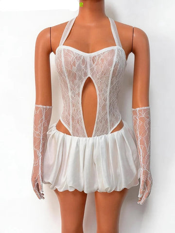 Ivory Floral Lace Cutout Bubble Romper Dress Sexy Stage Performance Costume Set