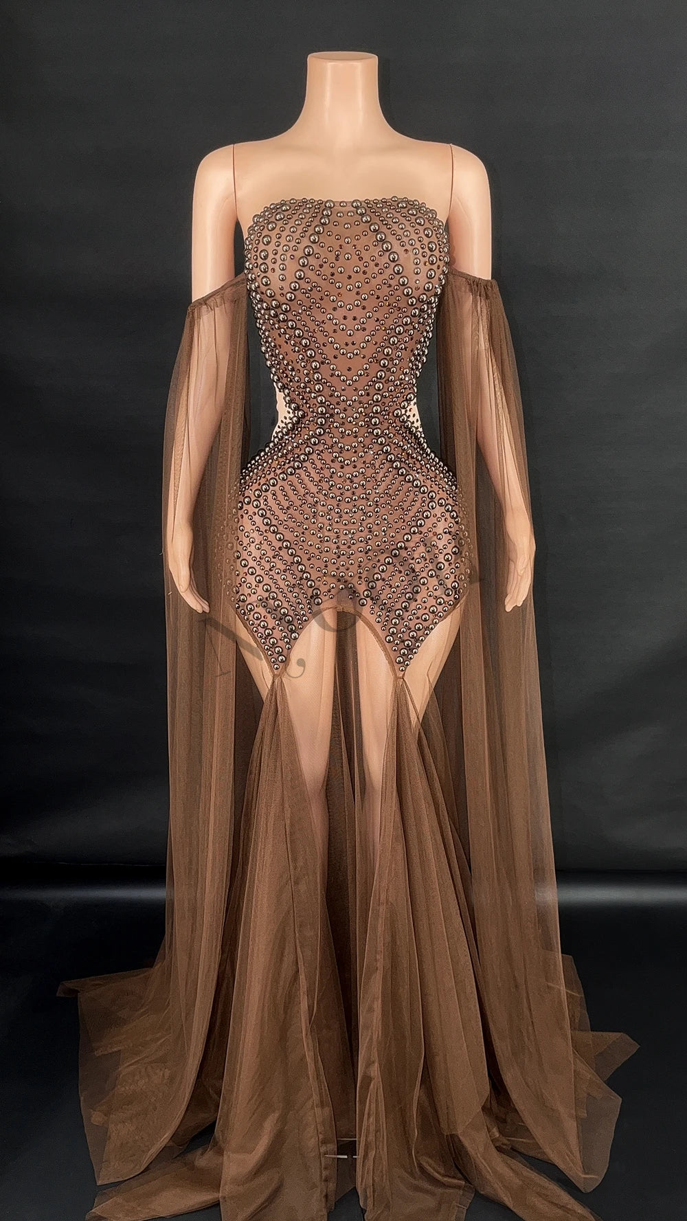 Rhinestone & Pearl Off-Shoulder Sheer Illusion Long Dress Gala Evening Costume