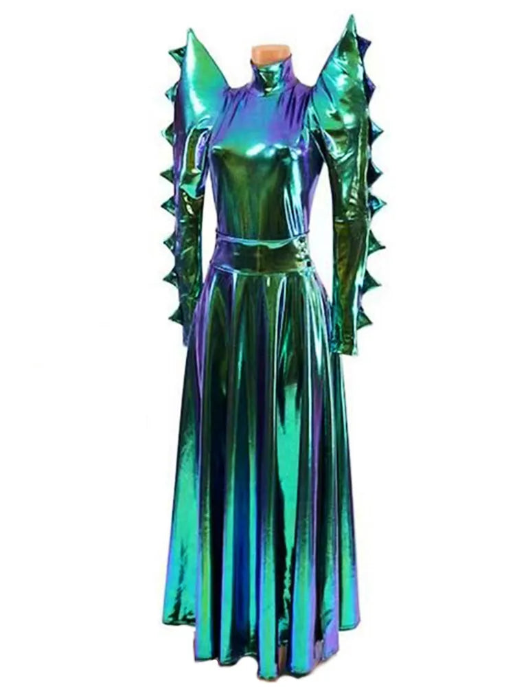 Metallic Armor Bodysuit & Trailing Bustle Skirt 2-Piece Stage Performance Costume Set