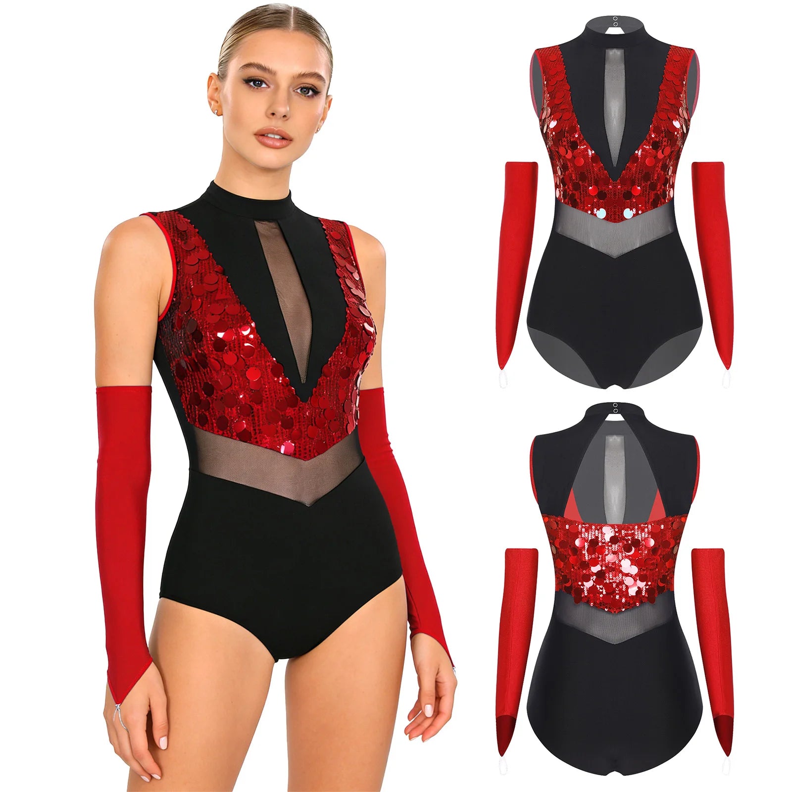 Sparkly Sequin Mock Neck Dance Leotard & Gloves Two-Piece Bodysuit Set