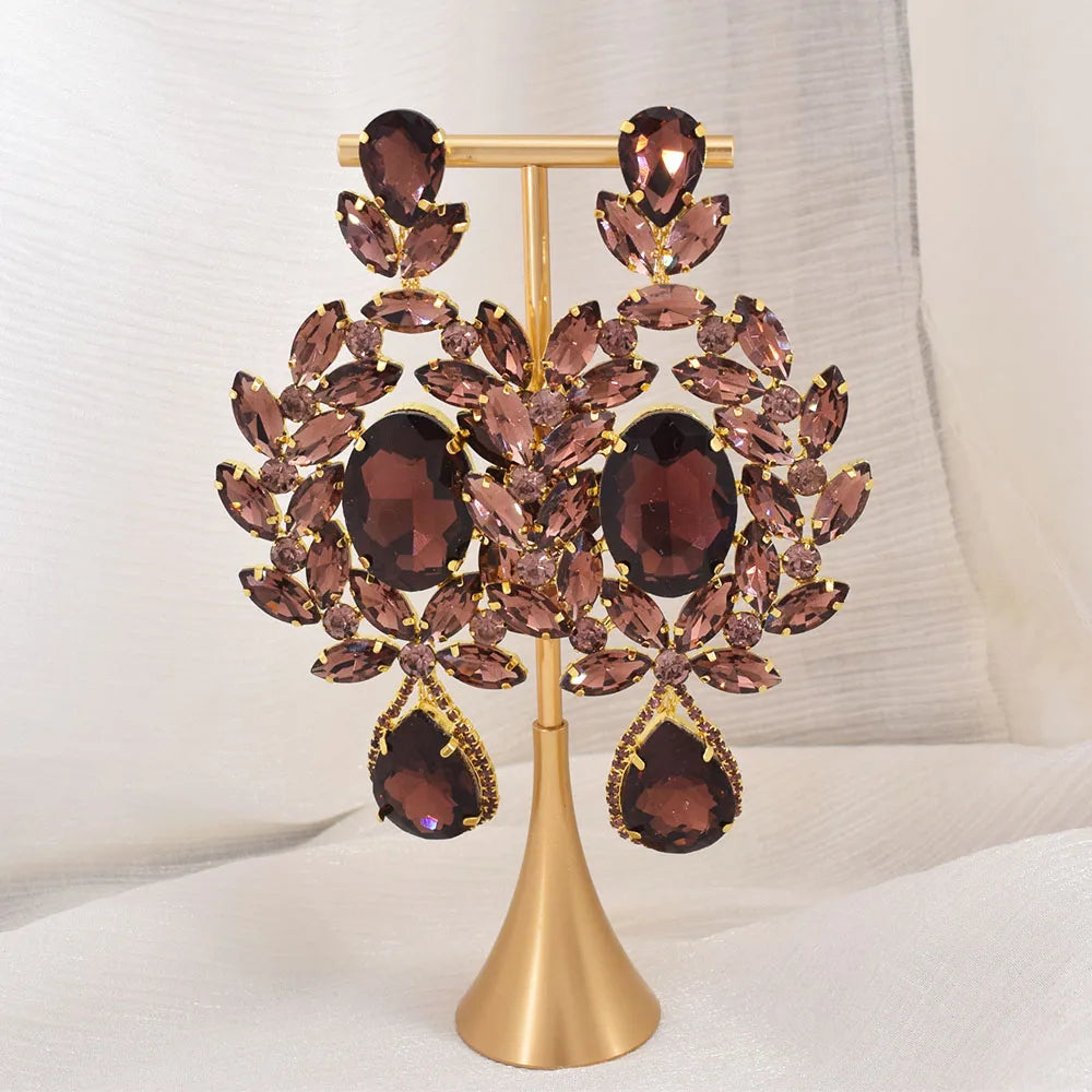 Oversized 4.7" Glass Gemstone Statement Drop Earrings Drag Queen Stage Jewelry