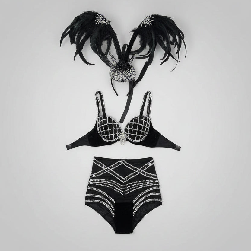 Silver Crystal Diamond Bikini & Sculptural Wing Headpiece Stage Performance Costume Set