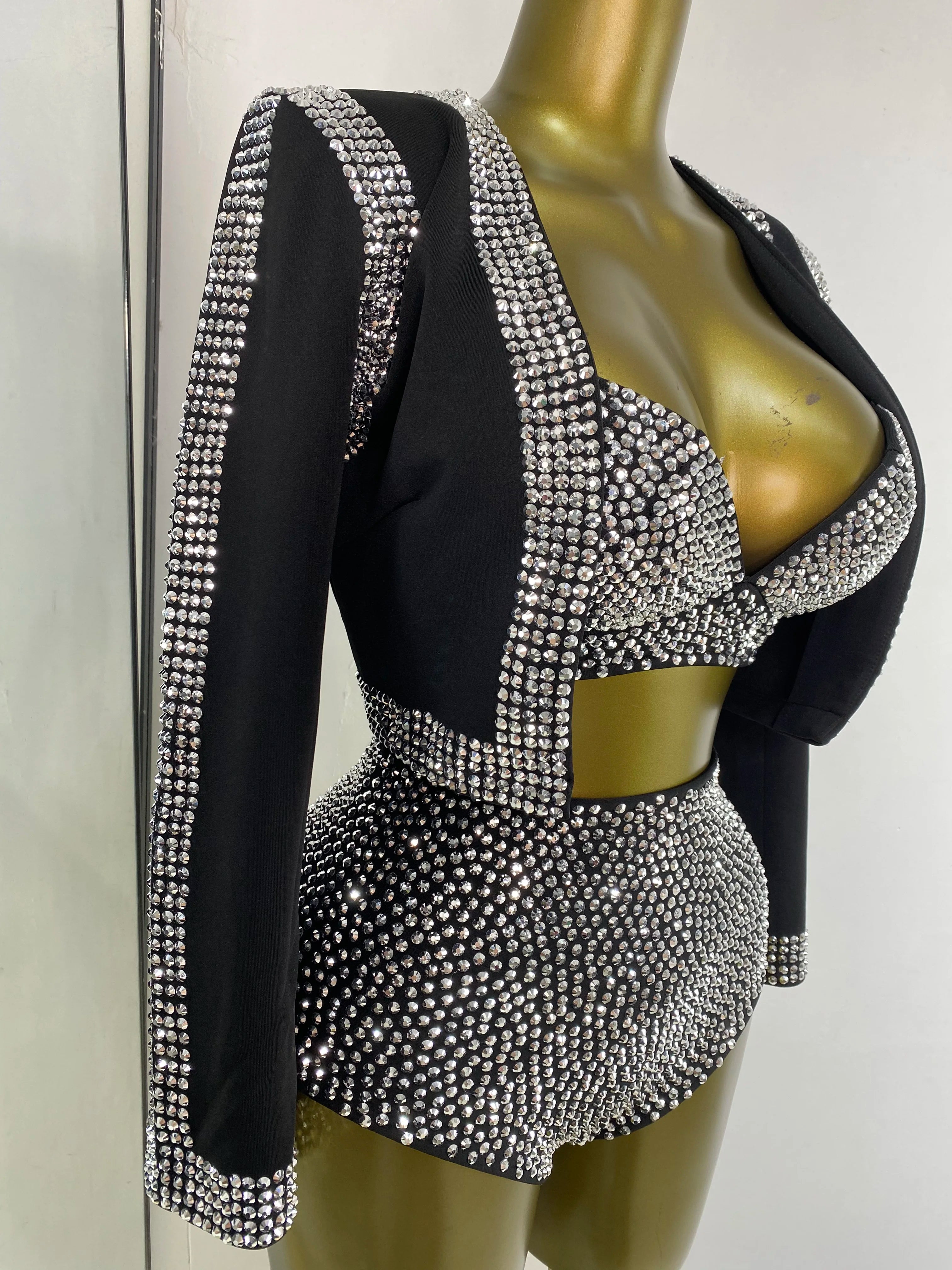 Rhinestone Bustier, High-Waist Mini Shorts & Cropped Jacket 3-Piece Performance Costume Set