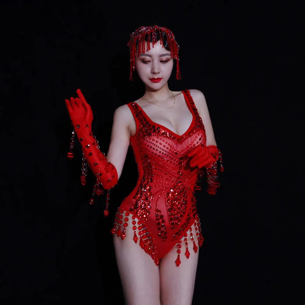 Sexy Nightclub Bar Gogo Dance Costume Red Rhinestones Fringe Mesh Bodysuit Gloves Performance Stage Wear Party Show Rave Outfits