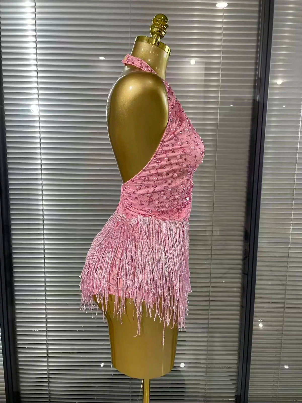 Vintage-Inspired Beaded Tassel Bodysuit Performance Costume