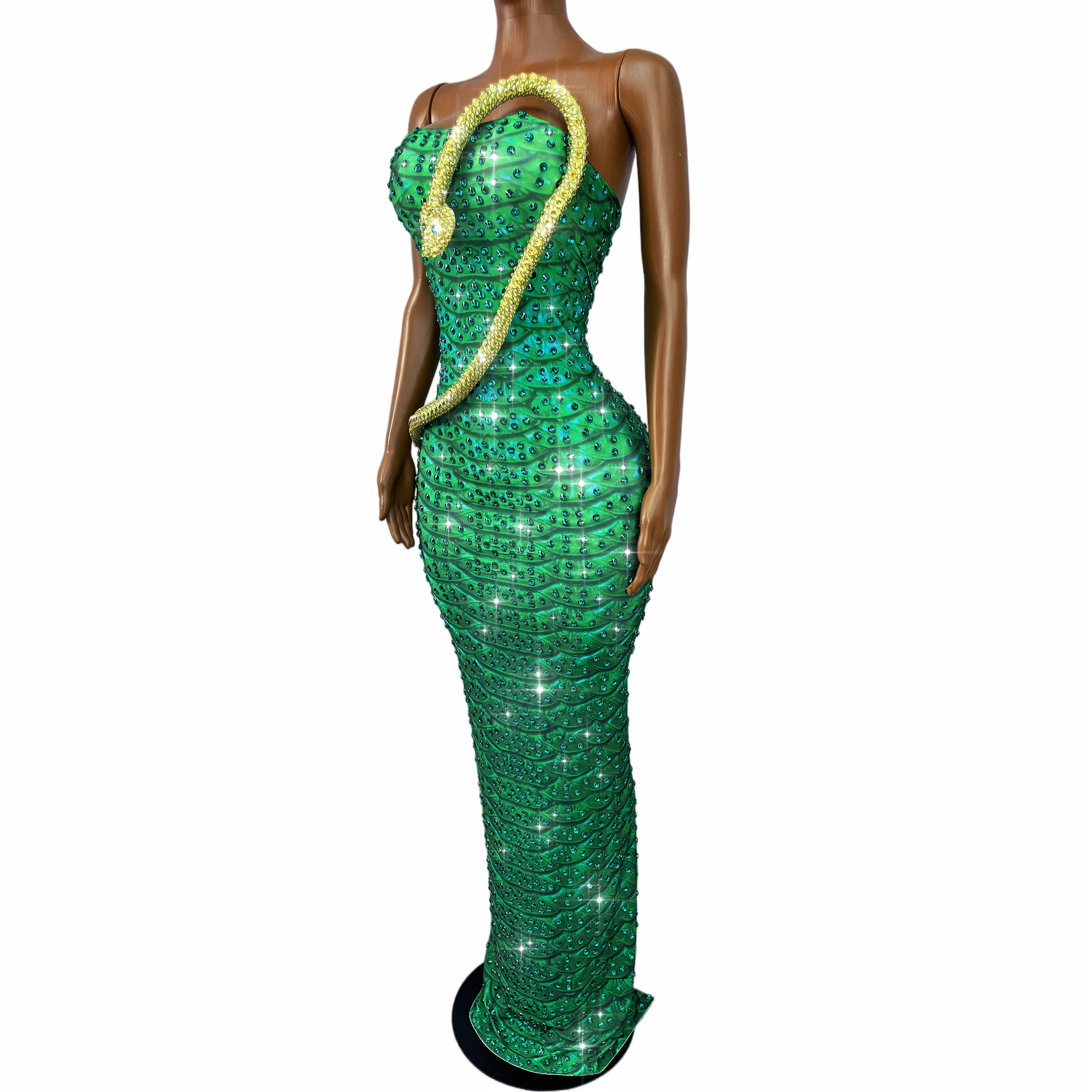 Emerald Snake Rhinestone Illusion Strapless Gown Sculpted Serpent Floor-Length Evening Dress