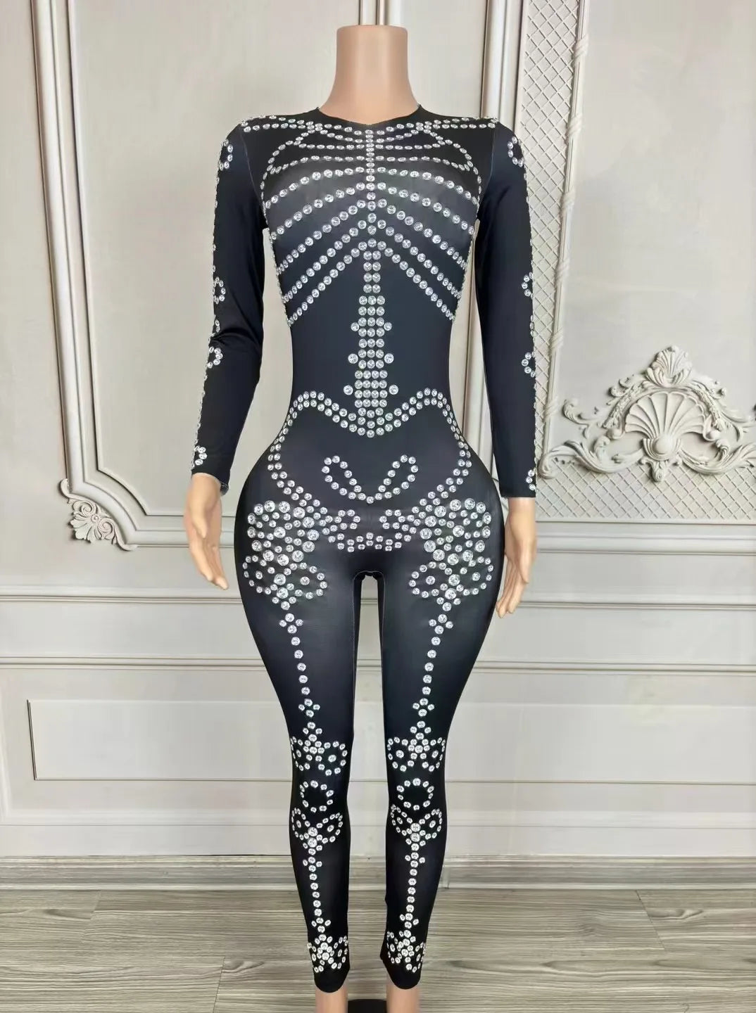 Women's Rhinestone Print Hollow-Out Jumpsuit | Sexy Stage Costume for Nightclub, Festival & Photoshoot