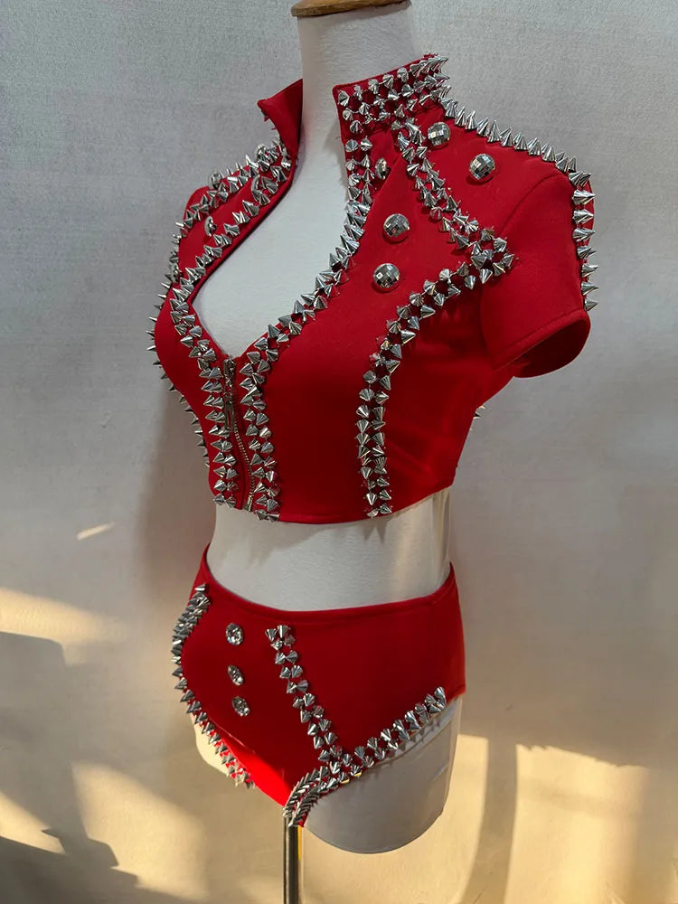 Sparkly Red Rhinestone Top & Shorts Set Gogo Showgirl Performance Outfit