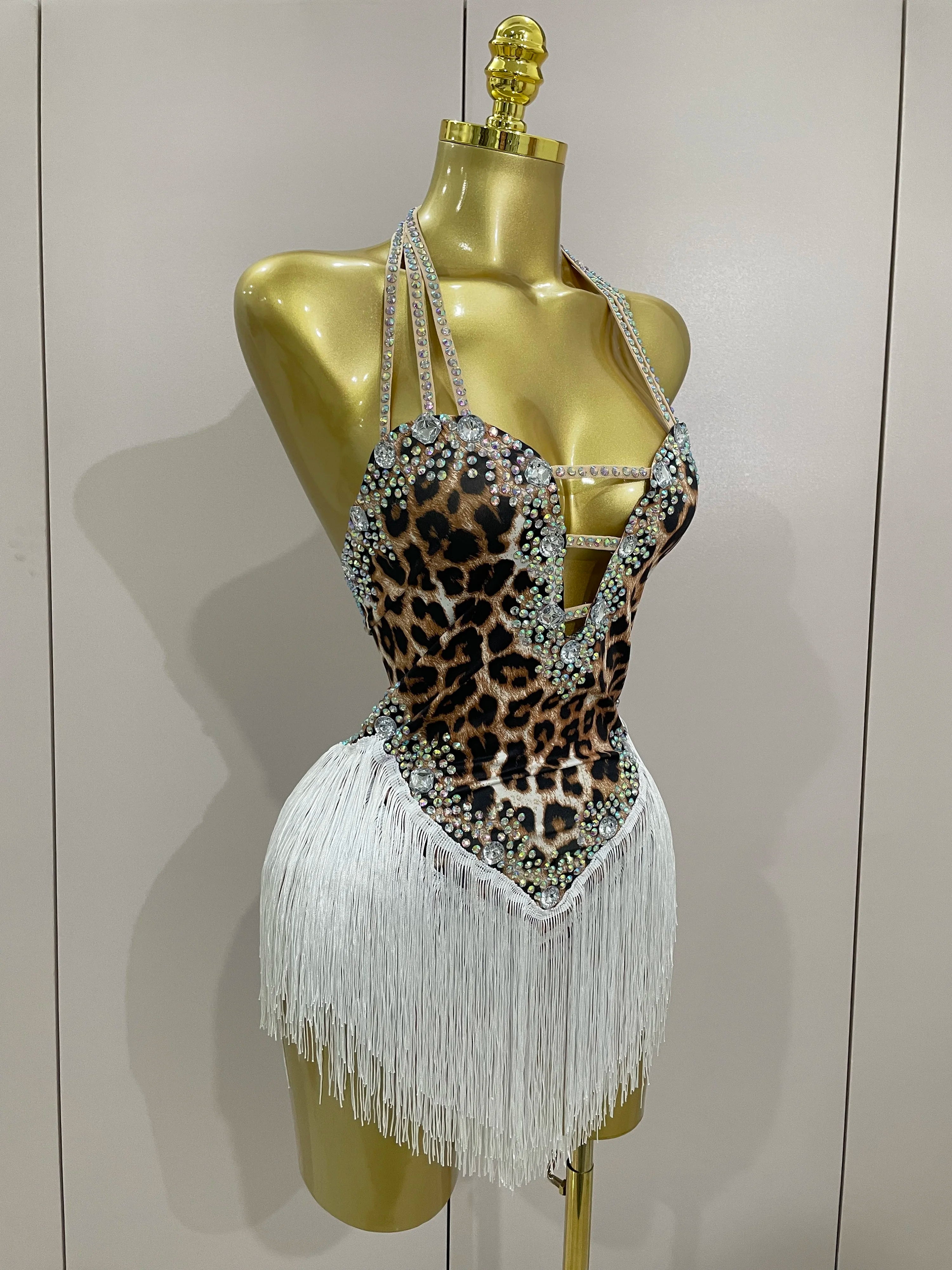 The Wildcat Stardust Tassel Bodysuit – Luxury Rhinestone Leopard Showgirl Costume