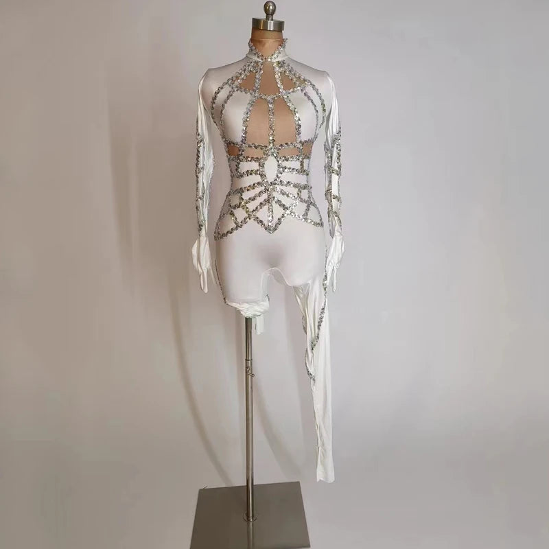 White Sequin Stretch Performance Jumpsuit