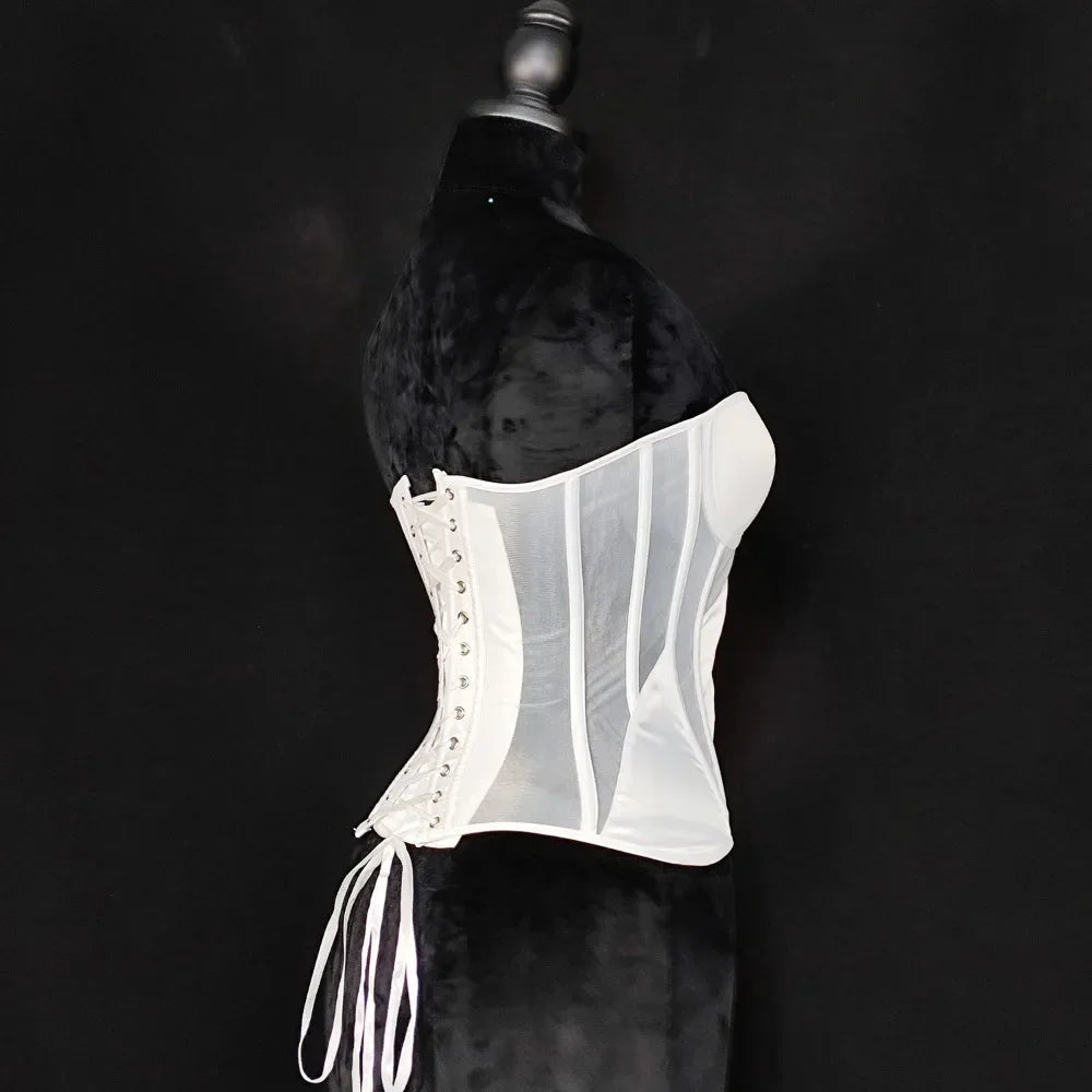 Strapless Breathable Mesh Corset Bustier Built-In Bra Boned Waist Cincher Top