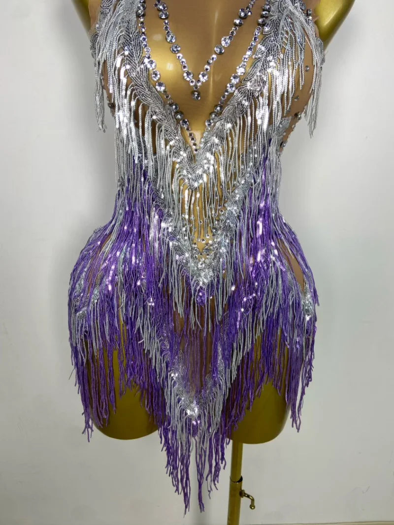 Sparkly Rhinestone & Tassel Fringe Latin Dance Mini Dress Stage Costume