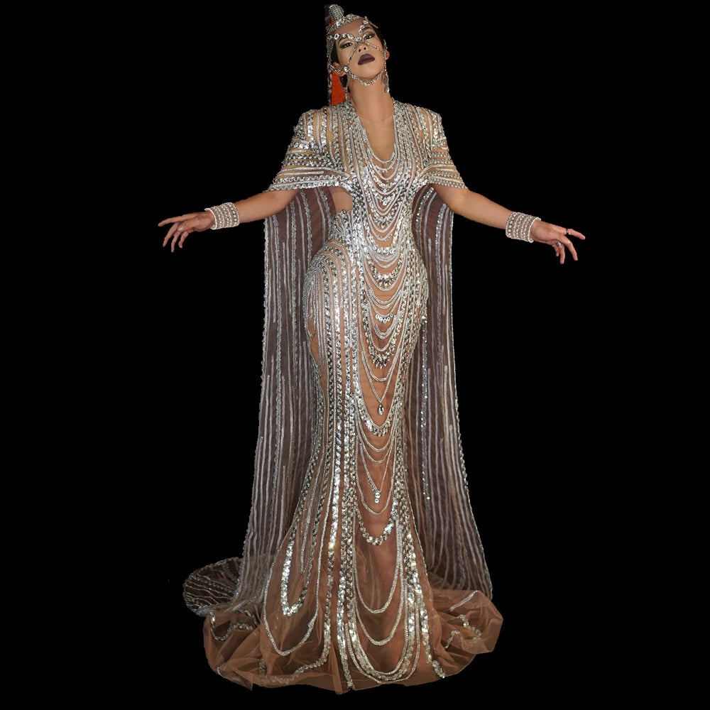 Women's Latin Dance Gown with Rhinestone Appliqué, Long Prom & Stage Dress