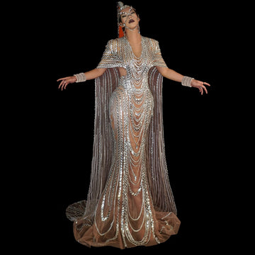 Women's Latin Dance Gown with Rhinestone Appliqué, Long Prom & Stage Dress