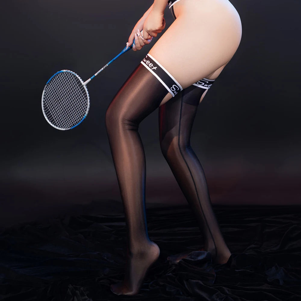 Sexy Women Stain Smooth High Stocking Oil Glossy Shiny Vintage Tight Letter Printing Shaping Overknee Maid Stocking Hollow Out