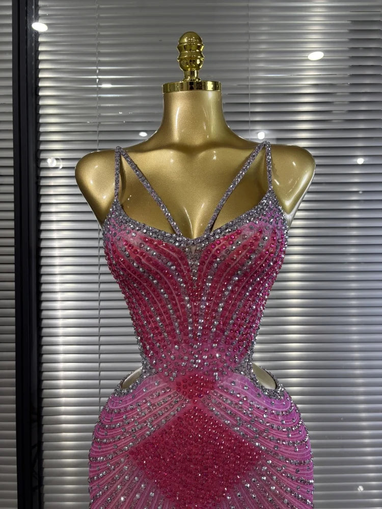 Pink Sleeveless V-Neck Rhinestone Bodycon Floor-Length Showgirl Stage Performance Dress