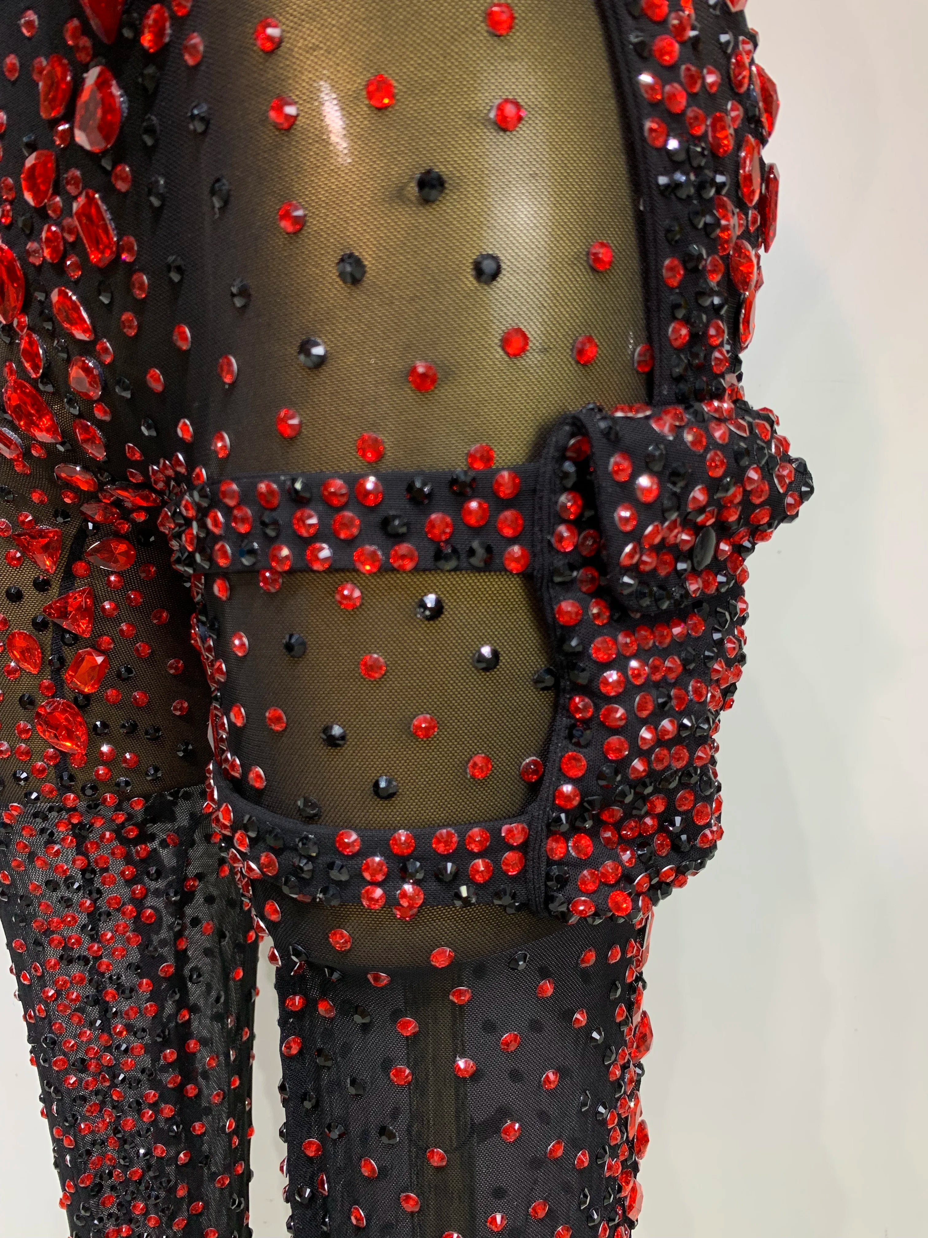 Backless Sparkly Red Diamond Mesh Jumpsuit Evening Stage Costume Bodycon Romper