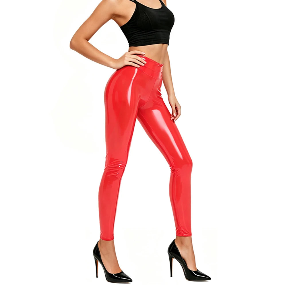 Glossy PVC Wet-Look Zipper Open Crotch Faux Leather Trousers Pencil Pants