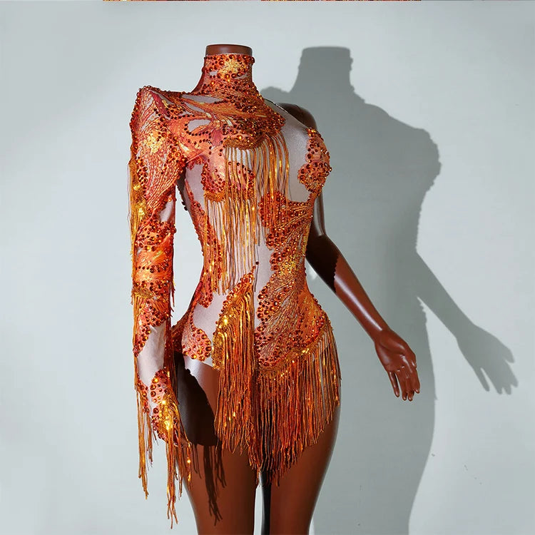Leopard Sequin Fringe Asymmetrical Bodysuit One-Sleeve Stage Performance Costume