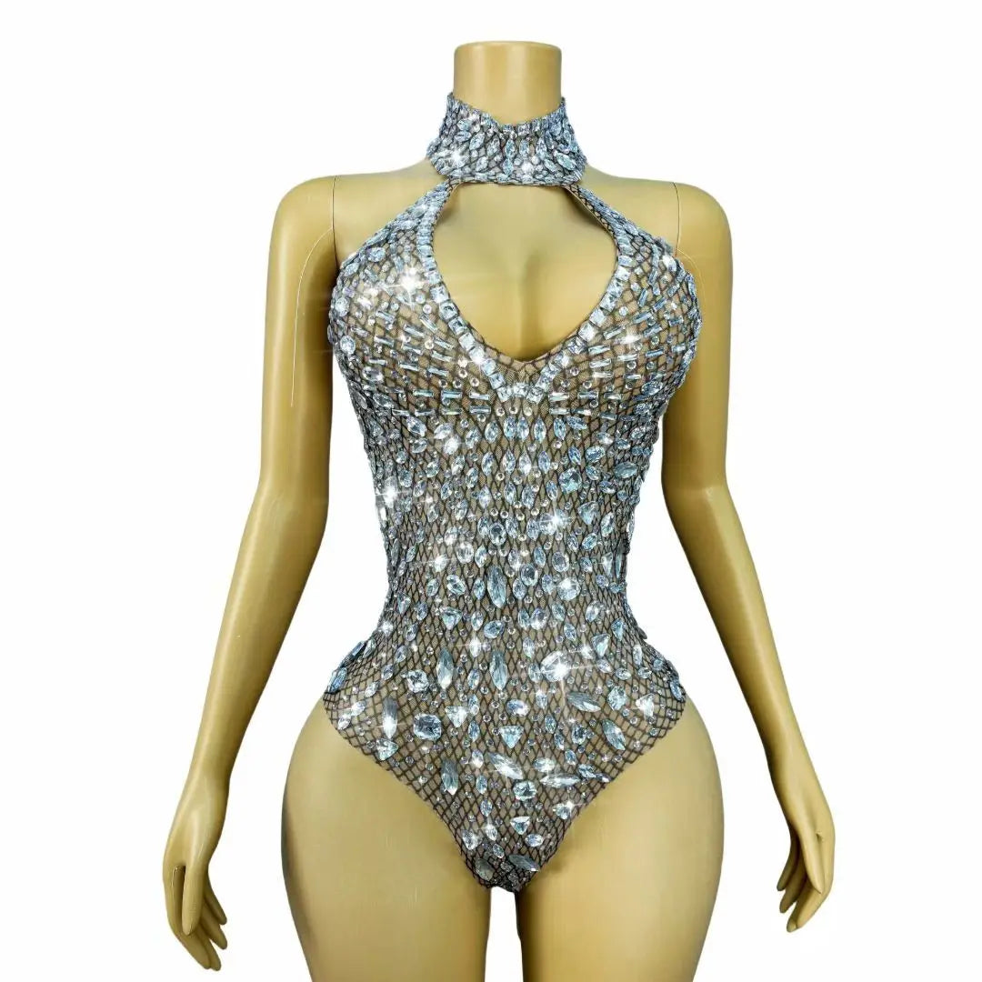 Sparkly Silver Rhinestone Halter Stage Bodysuit Leotard Costume Piece