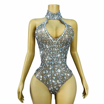 Sparkly Silver Rhinestone Halter Stage Bodysuit Leotard Costume Piece
