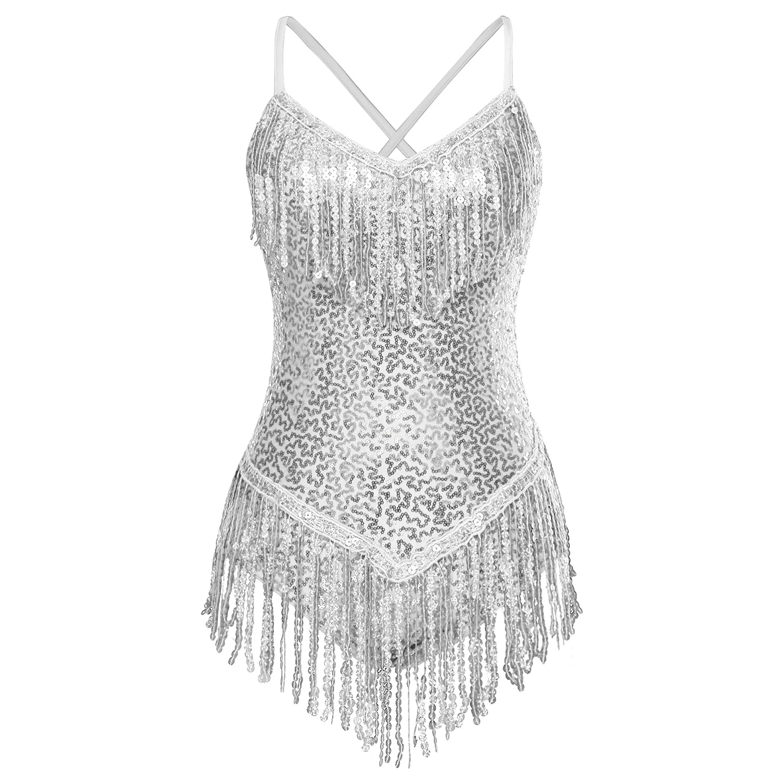 Sequins Fringed Cross Back Latin Dance Leotard Sleeveless V-Neck Bodysuit