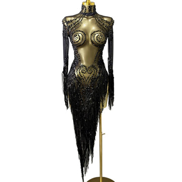 Black Rhinestone Fringe Illusion Mini Dress Sparkly Stage Dance Costume