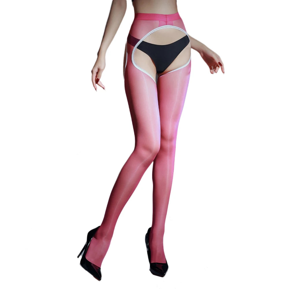 Sexy Women 1D Thin Open Big Crotch Pantyhose High Elastic Tights Oil Shiny Glossy Sheer See Through Maid Stockings