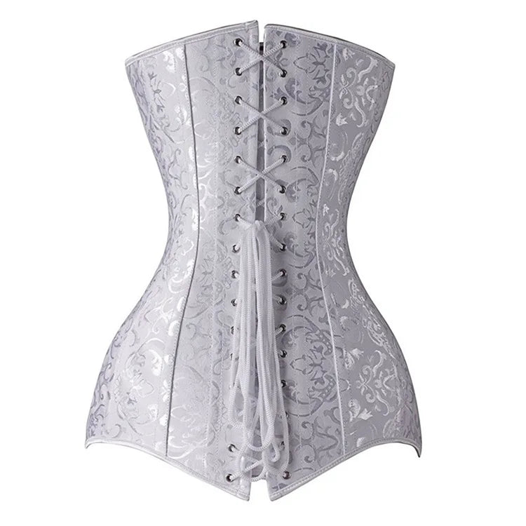 Steel Boned Long Torso Overbust Corset Top Gothic Vintage Floral Brocade Bustier
