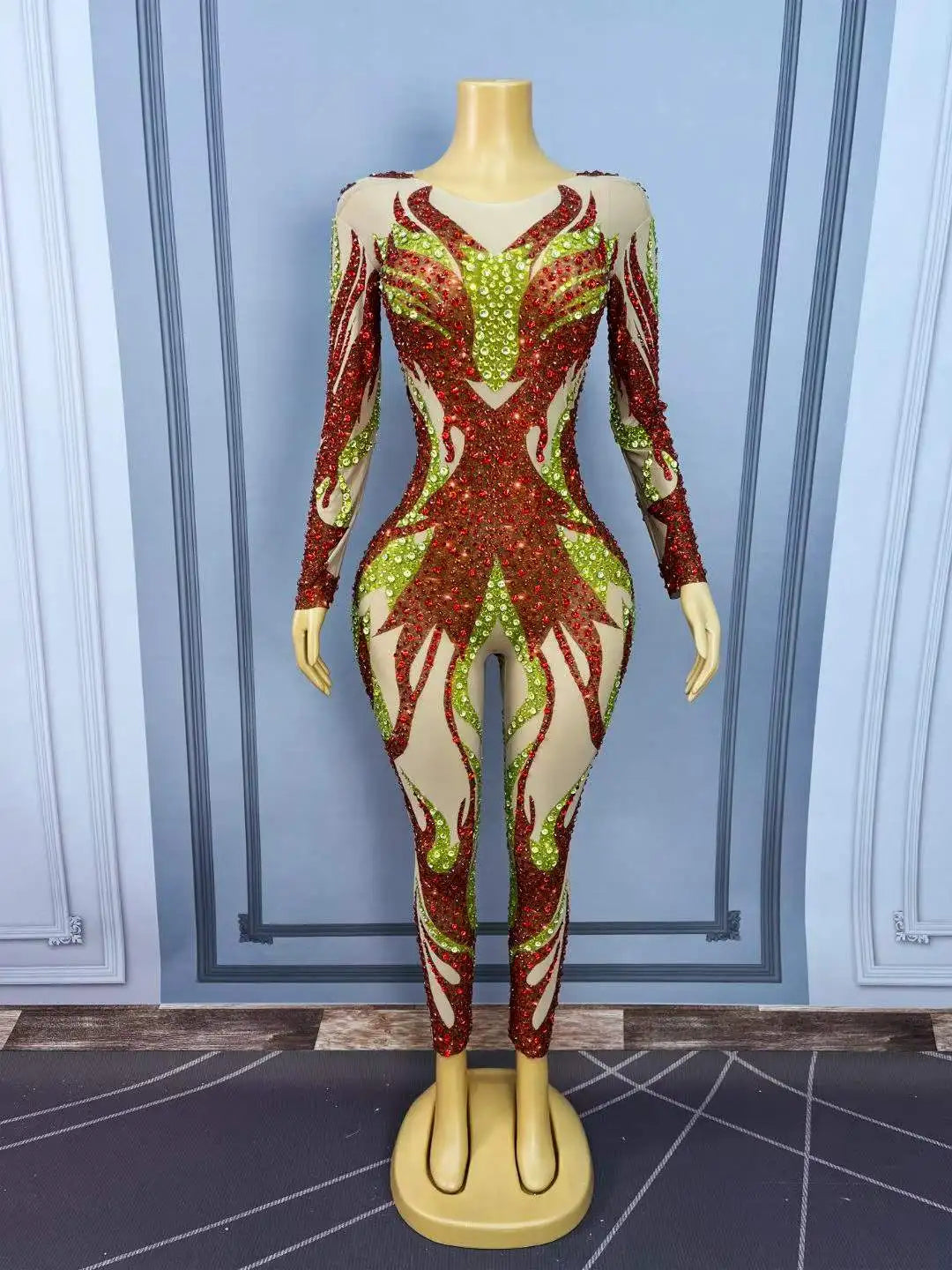 Women's Rhinestone Long Sleeve Mesh Jumpsuit | Shining Stage Costume for Singer, Dancer & Birthday
