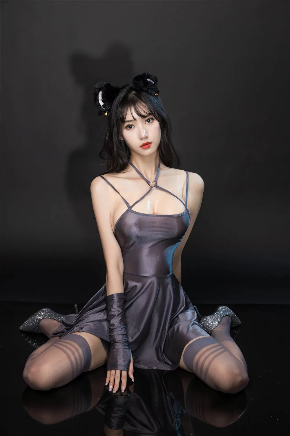 Sexy Backless Satin Smooth Oil Glossy Pleated Micro MINI Dress Bandage Sleeveless Tight Uniform Maid Ruffled Dress Stage Wear