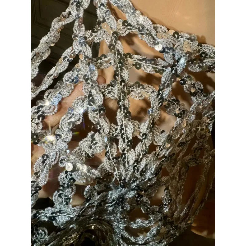 Women's Silver Crystal Rhinestone Mermaid Dress | See-Through Sequin Gown for Prom, Wedding & Party