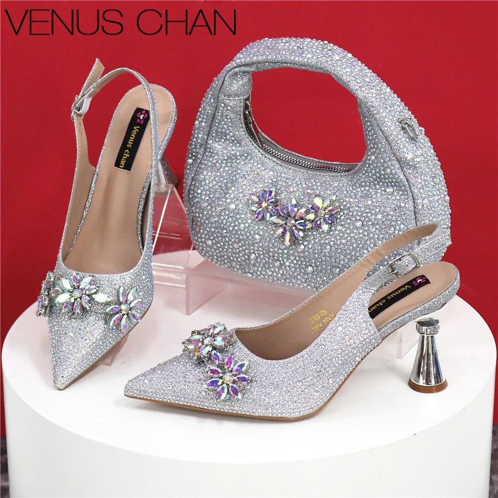 Pointed Toe Rhinestone High Heels Shoes and Bags Set