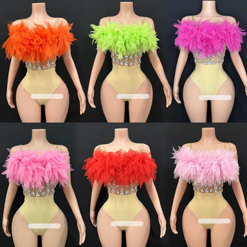Fluffy Feather & Rhinestone Bodysuit Gogo Stage Performance Costume