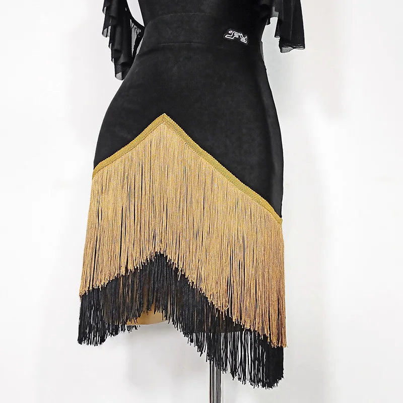Black High-Neck Short-Sleeve Bodysuit & Gold Fringe Skirt Latin Dance Costume Set