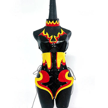 PU Leather Flame Bikini, Collar & Harness Shorts 3-Piece Gogo Performance Costume Set