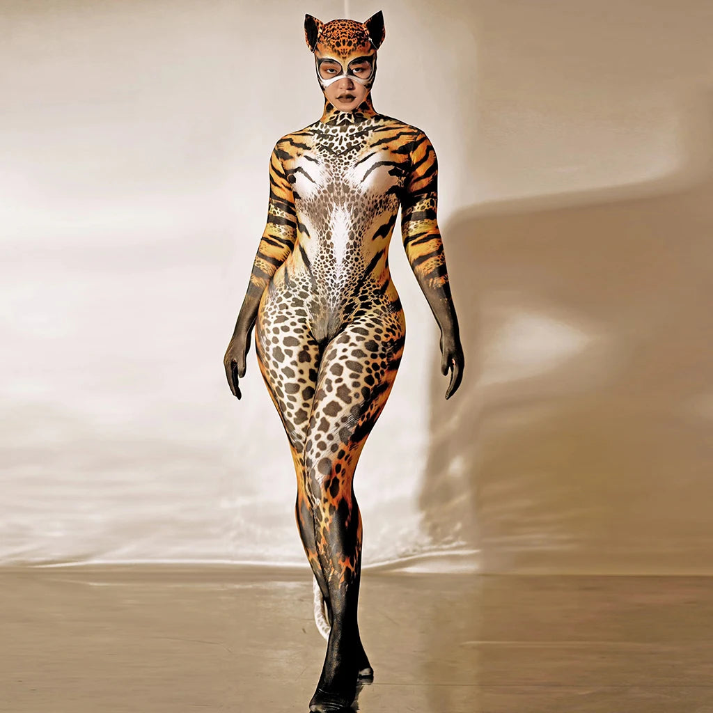 Leopard Print Long-Sleeve Catsuit Form-Fitting Stretch Jumpsuit Stage Costume