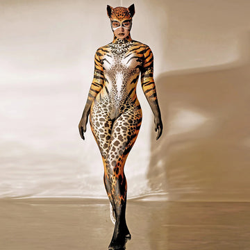 Leopard Print Long-Sleeve Catsuit Form-Fitting Stretch Jumpsuit Stage Costume